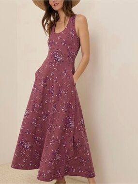 Pact Organic Cotton Fit & Flare Open Back Midi Dress in Dotted Sprays Mauve Sz S